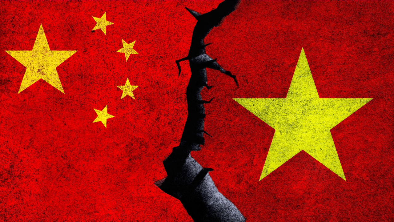 An illustration of the Chinese and Vietnamese flags split by a jagged crack, symbolizing conflict or division between the two countries. The background is textured red with prominent yellow stars.
