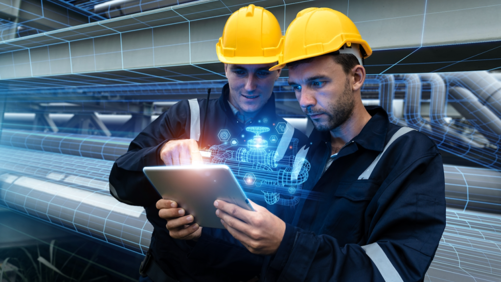 Two engineers in hard hats and work uniforms use a tablet, with digital graphics of machinery overlayed, suggesting they are interacting with virtual or augmented reality in an industrial or factory setting.