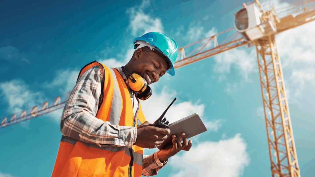 A construction worker wearing a blue hard hat, orange safety vest, and headphones uses a tablet and walkie-talkie at a construction site with a crane in the background against a blue sky.