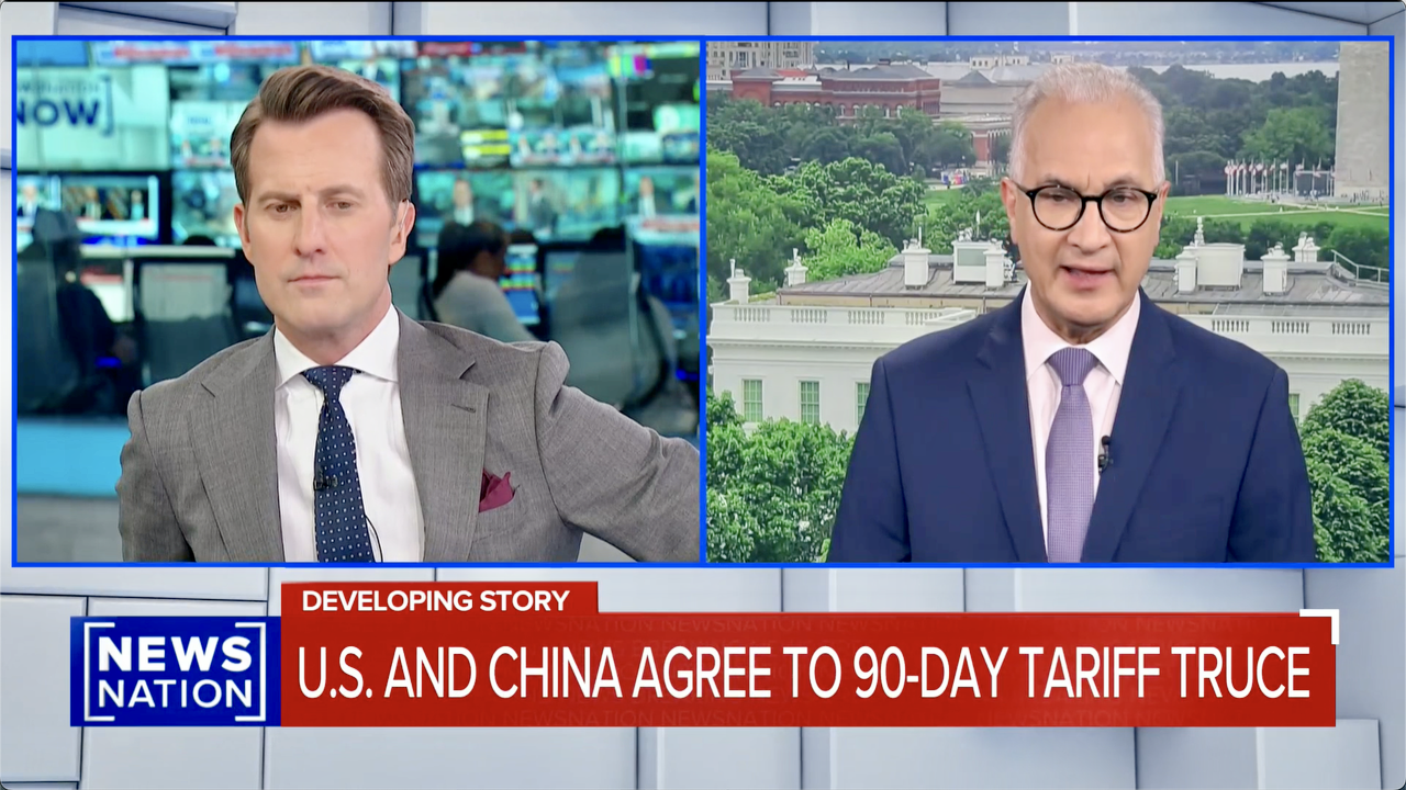 Two male news anchors are shown on split screen. One sits in a studio, the other stands with the White House in the background. A news banner reads, U.S. AND CHINA AGREE TO 90-DAY TARIFF TRUCE.