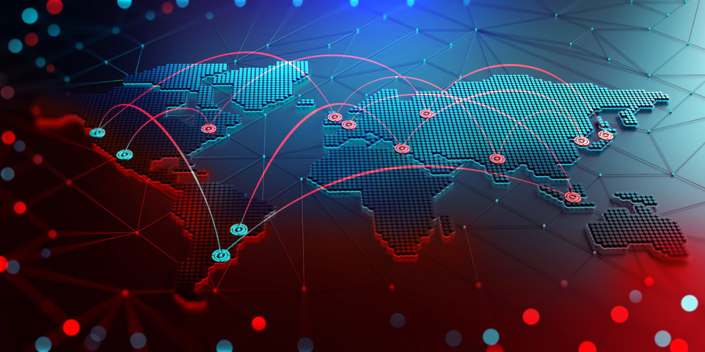 A digital world map with glowing nodes connected by red lines, representing global communication or data exchange across different continents on a blue and red background.