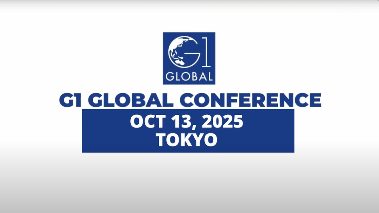 Logo for G1 Global Conference with a globe icon. Text reads: “G1 GLOBAL CONFERENCE, OCT 13, 2025, TOKYO” on a blue and white background.