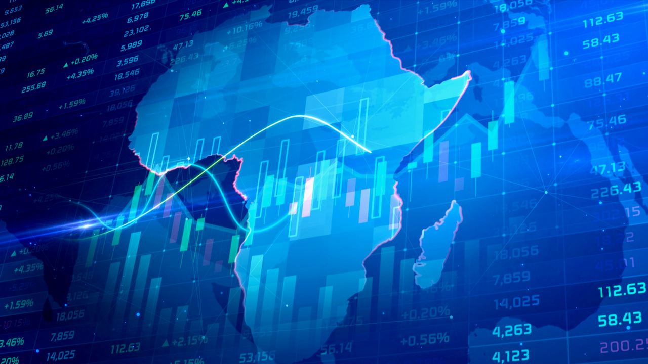 A digital illustration of Africa’s map overlaid with stock market data, charts, and glowing lines, symbolizing financial growth and investment in Africa. The background is blue with numbers and bar graphs.