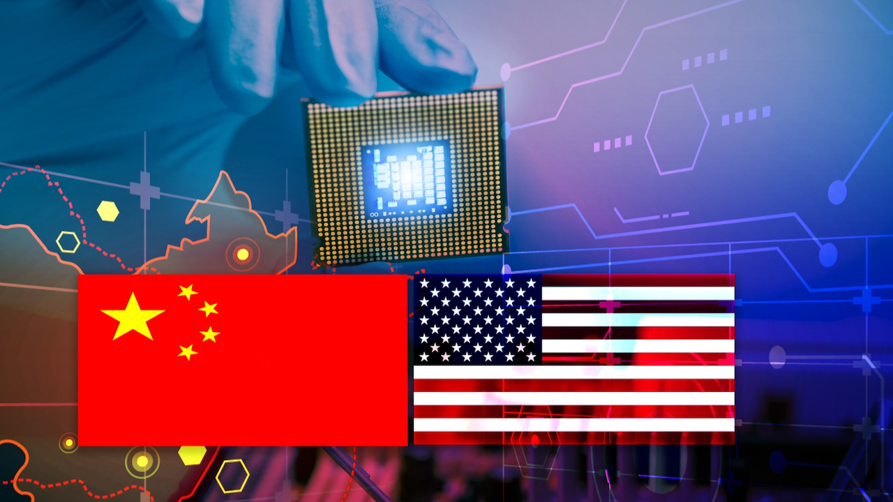 A close-up of a hand holding a microchip, with digital graphics in the background. The flags of China and the United States are displayed in the foreground, symbolizing technology competition.