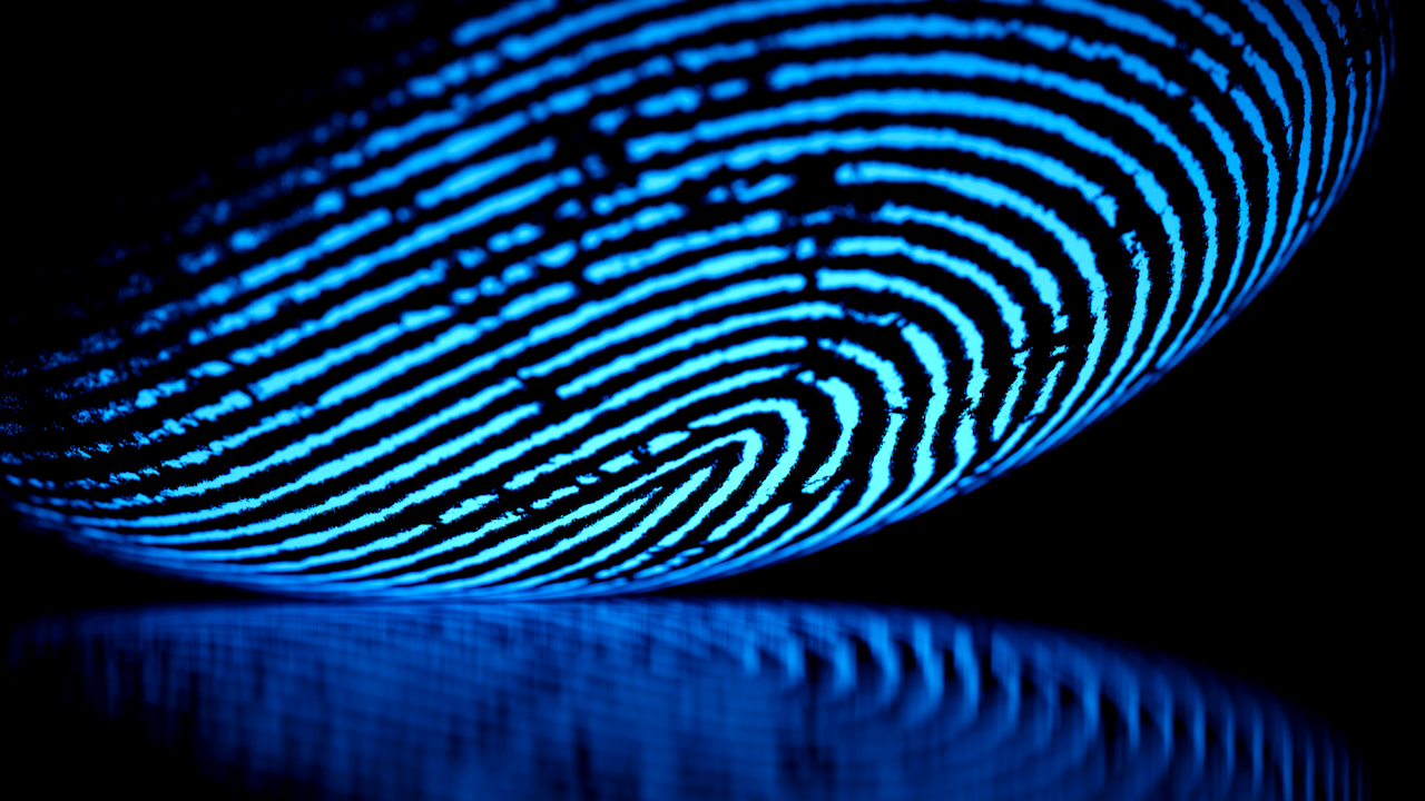A glowing blue fingerprint is shown on a black background, with its reflection visible below, emphasizing the unique ridges and patterns.