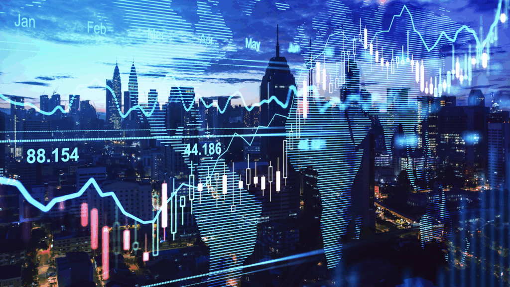 A city skyline at dusk with overlaid financial graphs and stock market data, including line charts, numbers, and a world map, symbolizing global finance and economic trends.