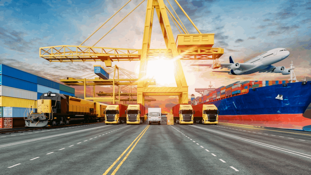 A busy shipping port with a cargo ship, airplane, train, trucks, and shipping containers, symbolizing global logistics and transportation at sunset.