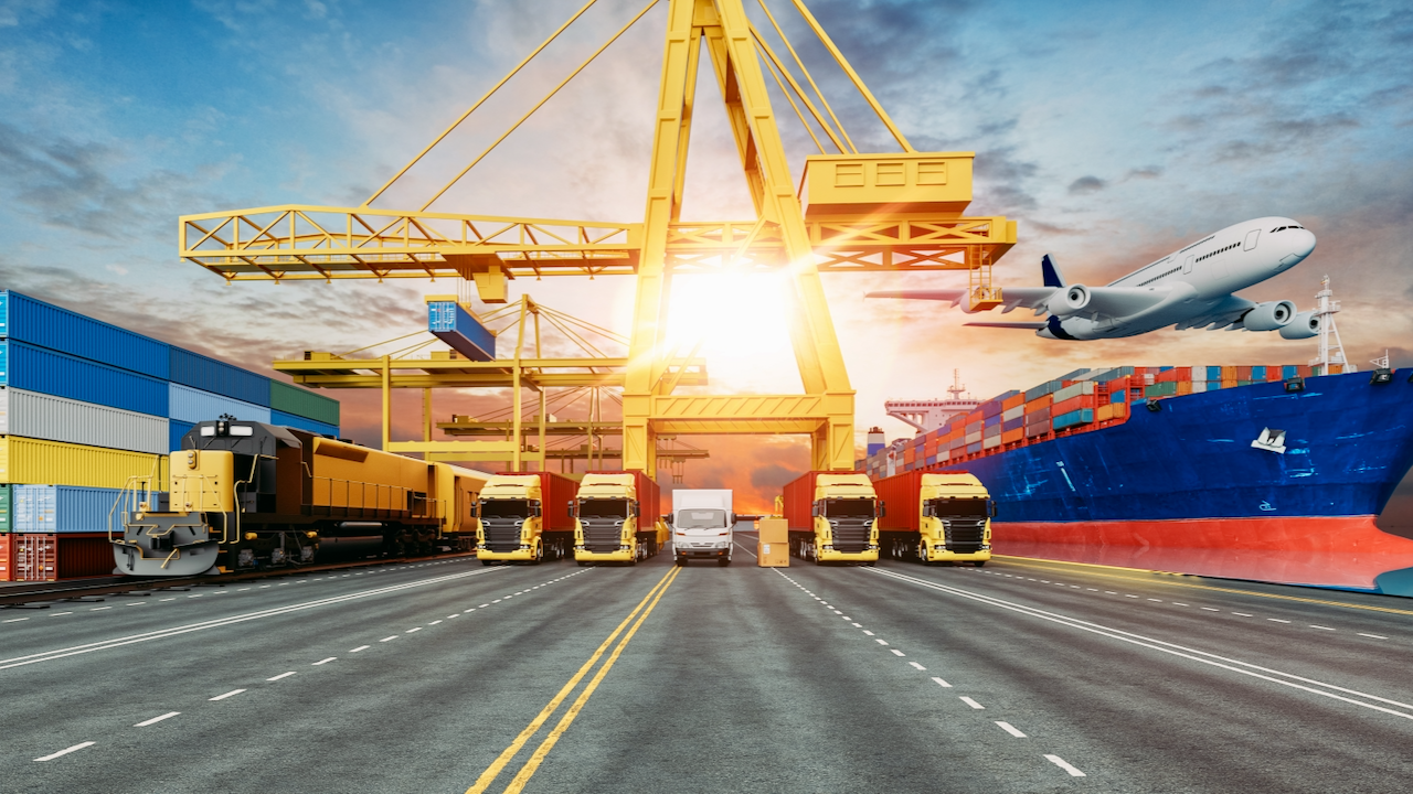 A busy shipping port with a cargo ship, airplane, train, trucks, and shipping containers, symbolizing global logistics and transportation at sunset.