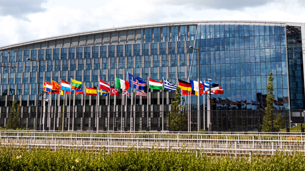 A row of international flags stands in front of a modern glass building, reflecting the sky and flags. There is greenery and a metal fence in the foreground.