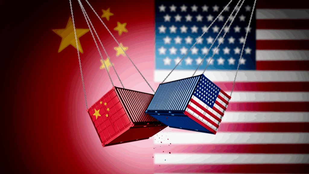 Two shipping containers, one with Chinas flag and the other with the U.S. flag, collide in front of large images of their respective national flags, symbolizing trade conflict between China and the United States.