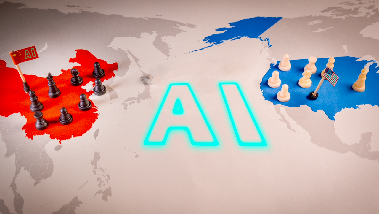 Map showing China and the US in red and blue, each with chess pieces, flags, and the letters “AI” glowing in the center, symbolizing competition in artificial intelligence between the two countries.