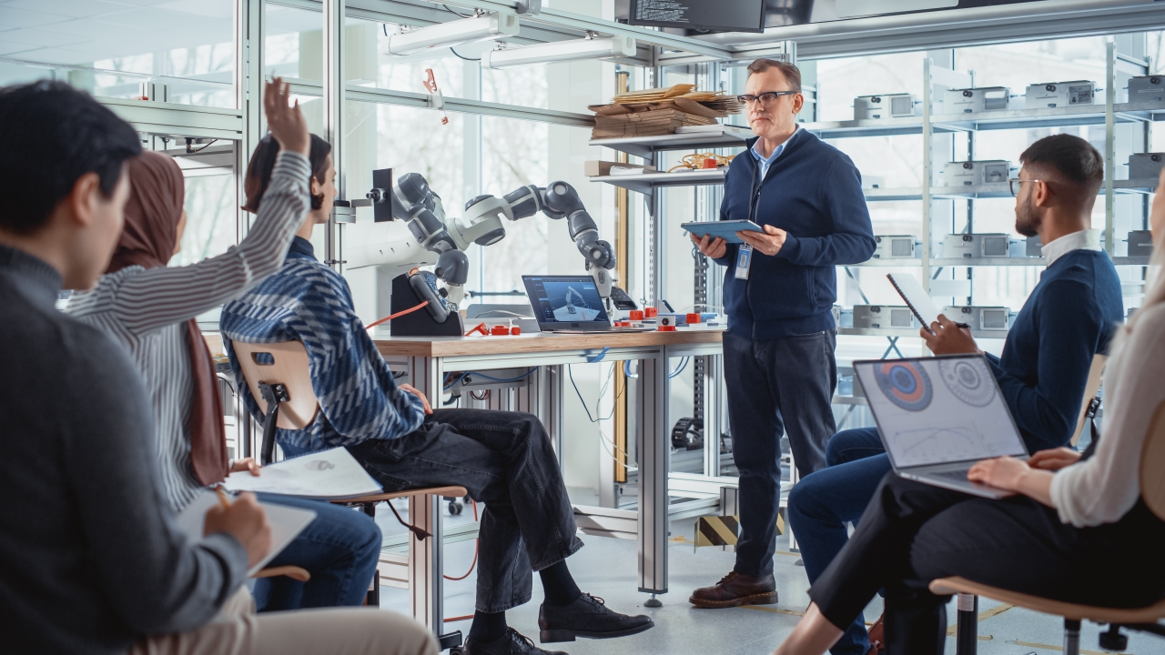 A group of people in a classroom setting watch a man holding a tablet, with robotic arms and technical equipment on the table in front of them. One person raises their hand to ask a question.