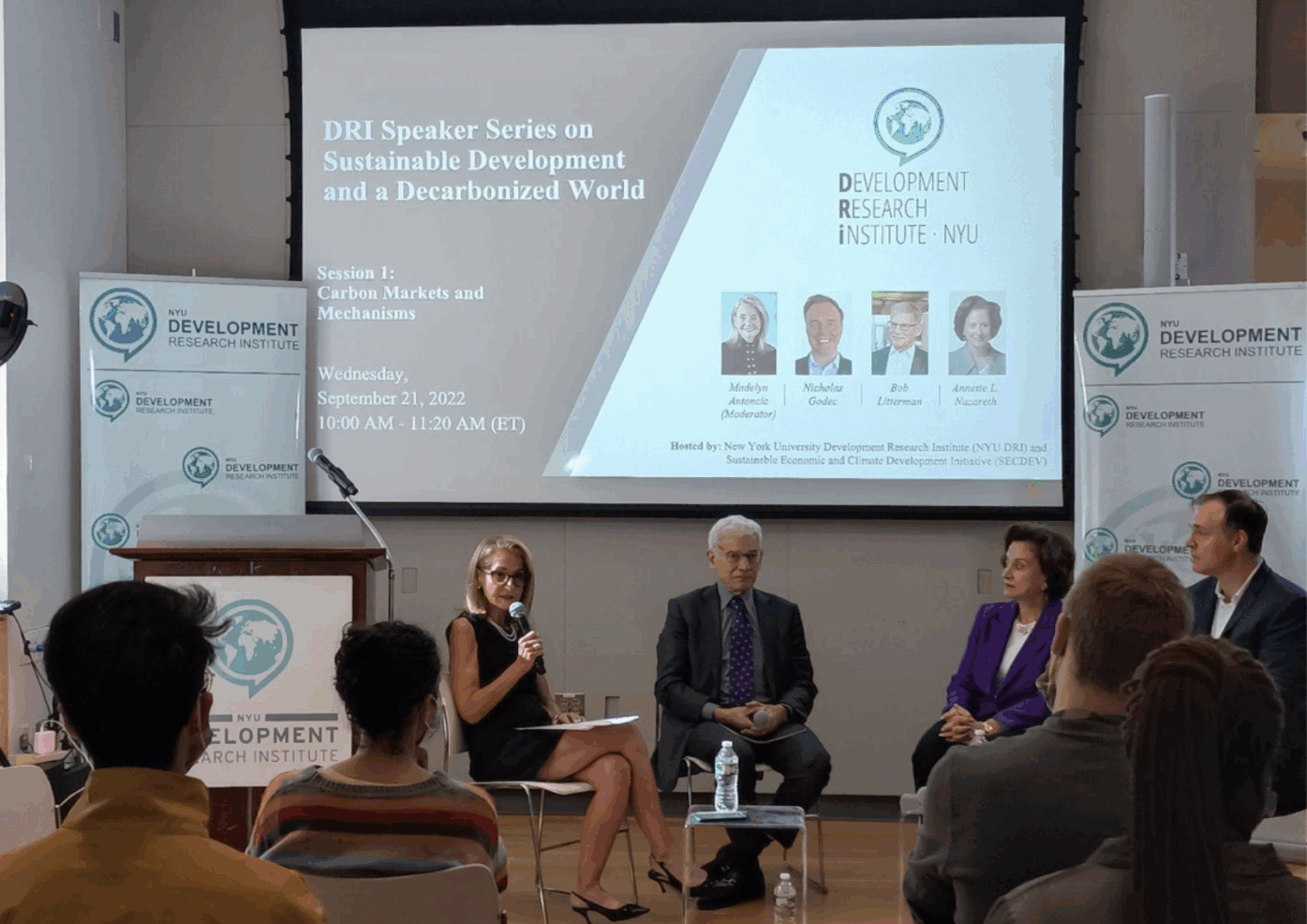A panel of five people sit on a stage in front of a screen displaying a presentation titled DEI Speaker Series on Sustainable Development in a Decentralized World, with audience members watching in a modern conference room.