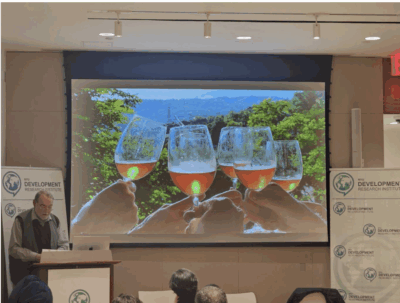 A speaker stands at a podium in front of an audience, with a large screen behind him displaying an image of four hands holding up glasses of wine against a scenic outdoor background.